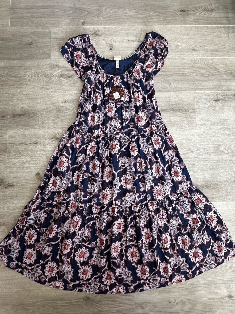 Knox Rose Navy Floral Tiered Maxi Dress M Pink Blue NWT Boho Cottage Coastal